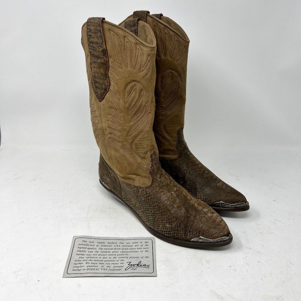 Zodiac Tan and Dark Brown Textured Leather Western Boots